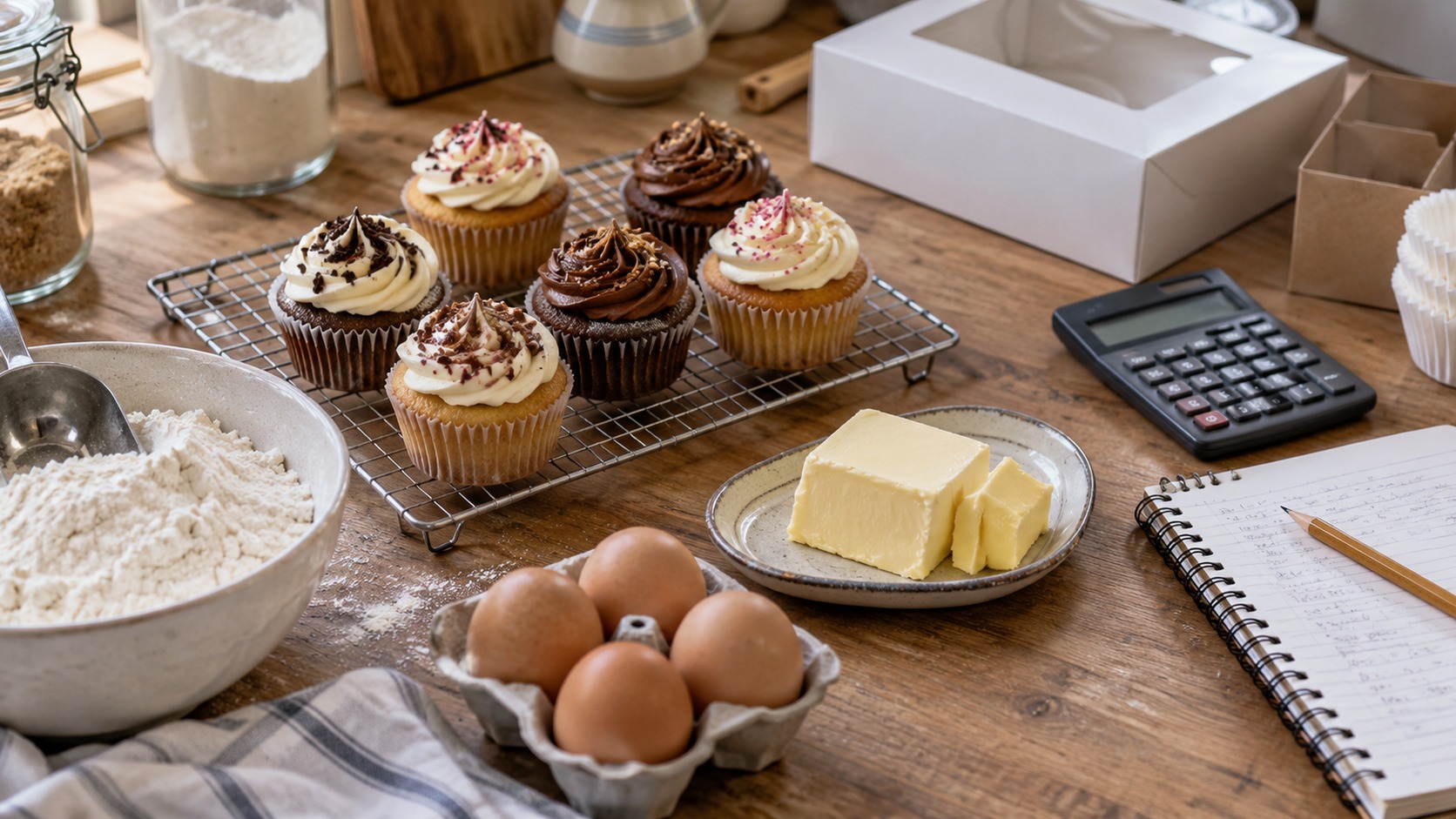 Iced cupcakes that have just been baked.