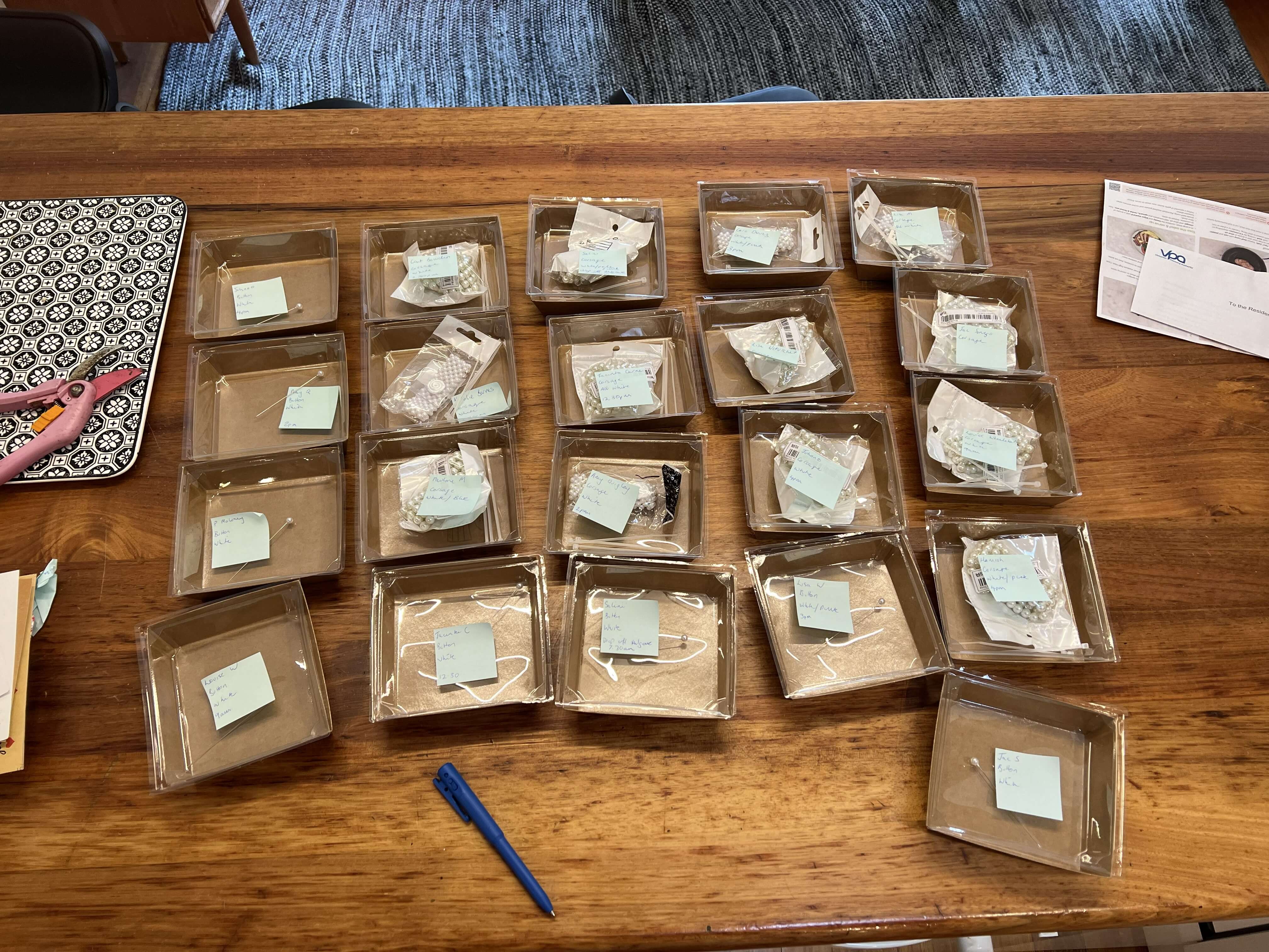 Boxes ready to pack corsages
