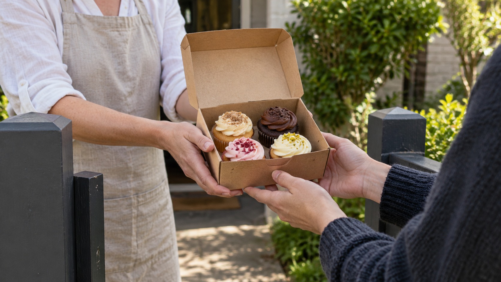 Person in apron handing a box of cupcakes over the fence to a customer.