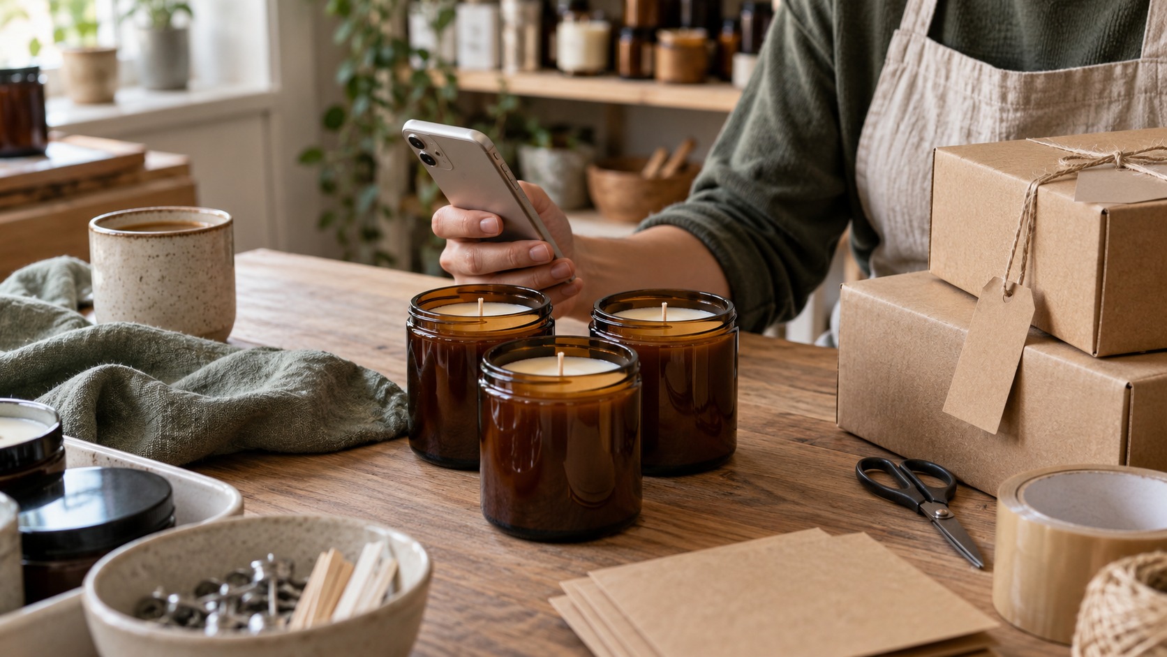 Candles on a home workbench next to packaged gift boxes.