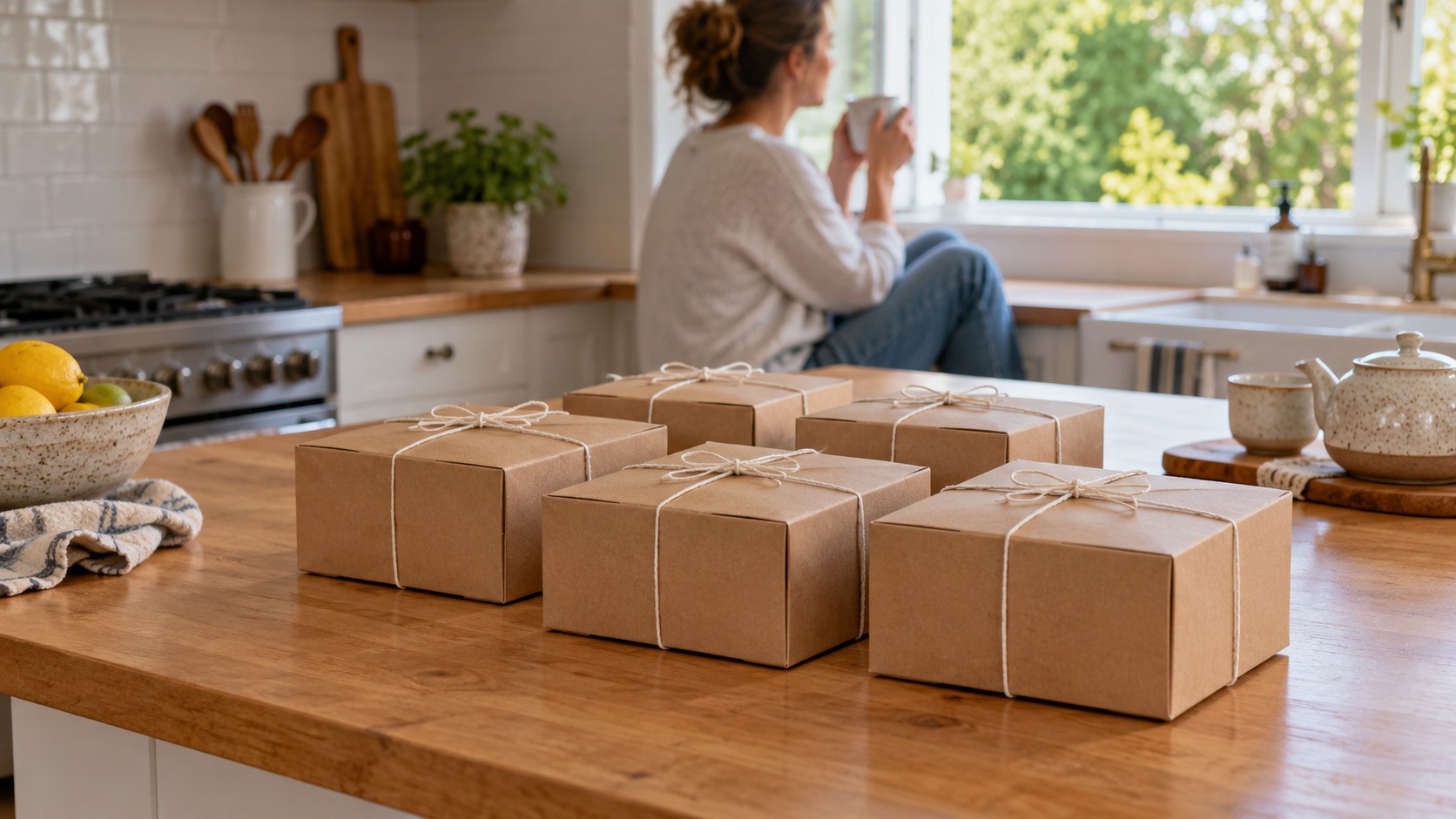 Boxes on kitchen bench, ready to ship.